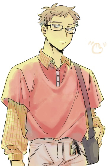 sio megane, tohno gen, futsuu no keion-bu, commentary request, 1boy, bag, black-framed eyewear, black bag, brown hair, brown shirt, closed mouth, collared shirt, glasses, key, layered sleeves, male focus, pants, red shirt, shirt, short hair, shoulder bag, simple background, solo, upper body, very short hair, white background