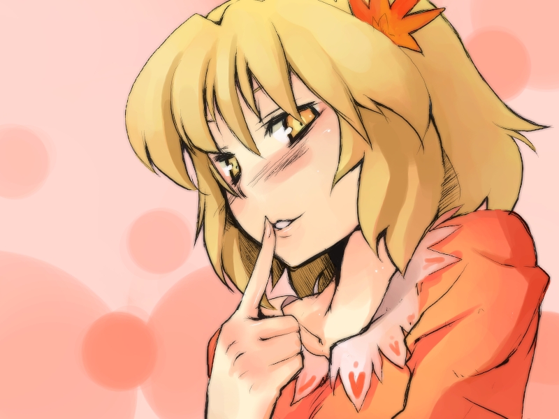 morino hon, aki shizuha, touhou, 1girl, blonde hair, blush, female focus, finger to mouth, hair ornament, leaf, leaf hair ornament, solo, yellow eyes