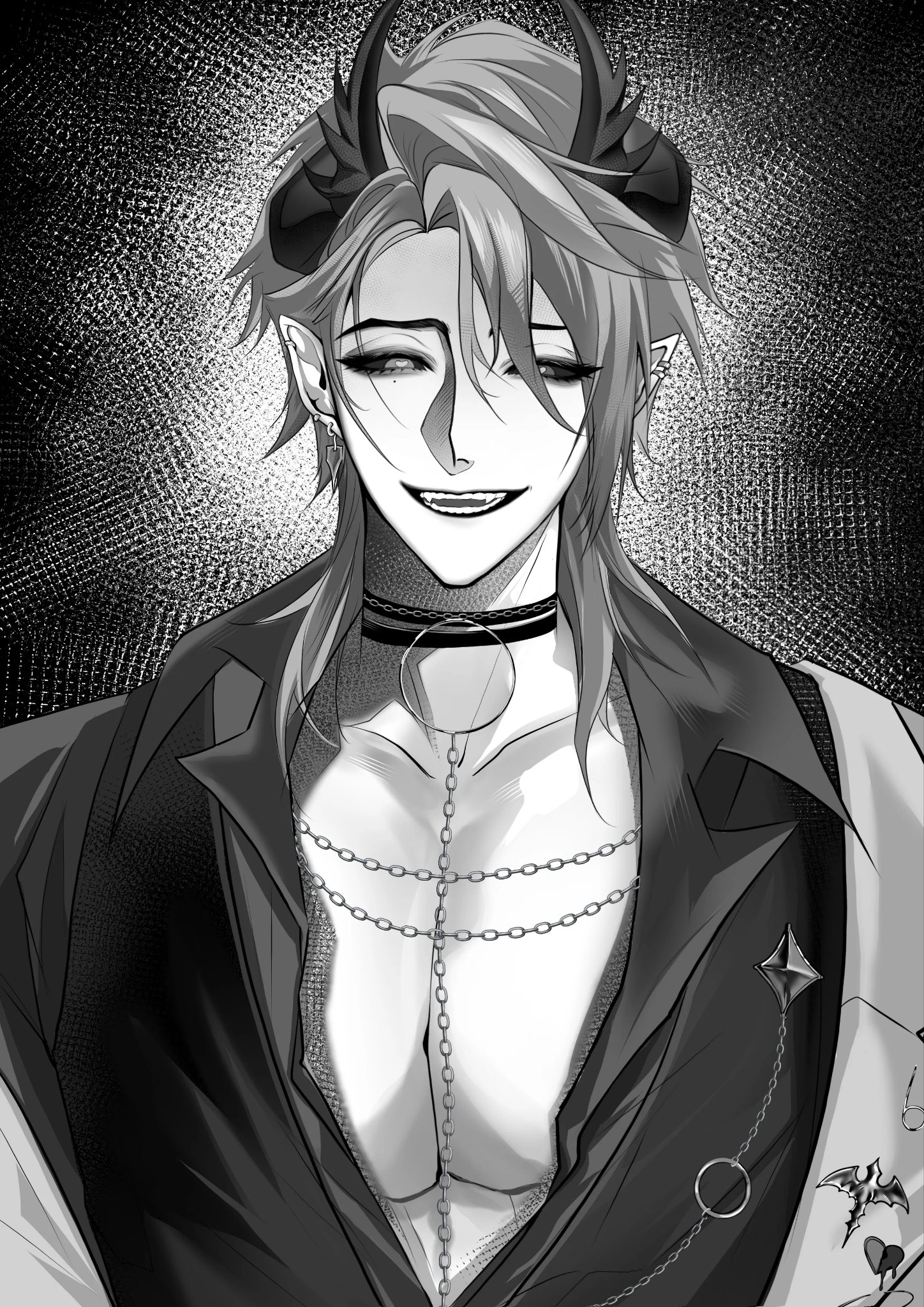 first stage production, highres, 1boy, azq0th, black eyes, choker, demon boy, ear piercing, evil smile, greyscale, horns, jacket, monochrome, open clothes, open mouth, piercing, pointy ears, smile, solo focus, zander netherbrand