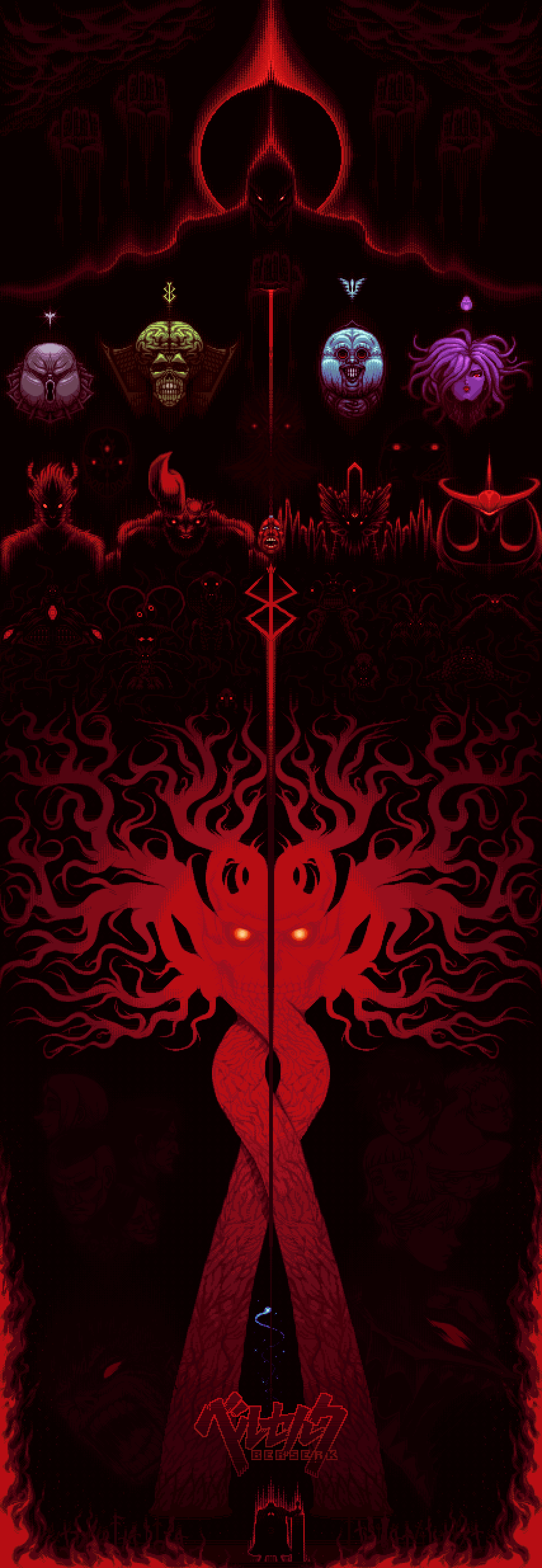 beast of darkness (berserk), behelit, casca (berserk), conrad (berserk), corkus (berserk), emperor ganishka, farnese (berserk), femto (berserk), griffith (berserk), grunbeld (berserk), guts (berserk), irvine (berserk), isidro (berserk), judeau (berserk), mozgus (berserk), pippin (berserk), rakshas, rickert (berserk), rosine (berserk), schierke (berserk), serpico (berserk), skull knight (berserk), slan (berserk), ubik (berserk), void (berserk), zodd (berserk), berserk, absurdres, commentary, english commentary, highres, 4girls, 6+boys, armor, beard, berserker armor, black armor, black corset, black hair, black moon, black wings, blonde hair, blood, blood on face, bloody tears, blue eyes, blue skin, bossohboy, brain, branch, brand of sacrifice, cape, closed mouth, cloud, cloudy sky, collar, colored skin, copyright name, corset, cover, cover page, crest, crying, dark cloud, demon, demon girl, demon wings, divine being, dragonslayer (sword), eclipse, eldritch abomination, english text, exposed brain, facial hair, fairy, field of blades, full armor, full beard, giant, giant monster, giant tree, glowing, glowing eyes, greatsword, green skin, hat, high collar, holding, holding sword, holding weapon, horns, huge weapon, intestine hair, knight, lips, locus (berserk), long beard, long hair, looking at viewer, mask, medium hair, monochrome, monster, moon, multiple boys, multiple girls, one-eyed, one eye closed, pale skin, pauldrons, pixel art, planted, planted sword, planted weapon, purple skin, red eyes, red lips, red theme, roaring, severed horn, sharp teeth, shiva (berserk), short hair, shoulder armor, shoulder spikes, shouting, skull, sky, smile, solar eclipse, spiked armor, spikes, sword, teeth, tentacle hair, tentacles, title page, tree, weapon, white hair, wings, witch, witch hat