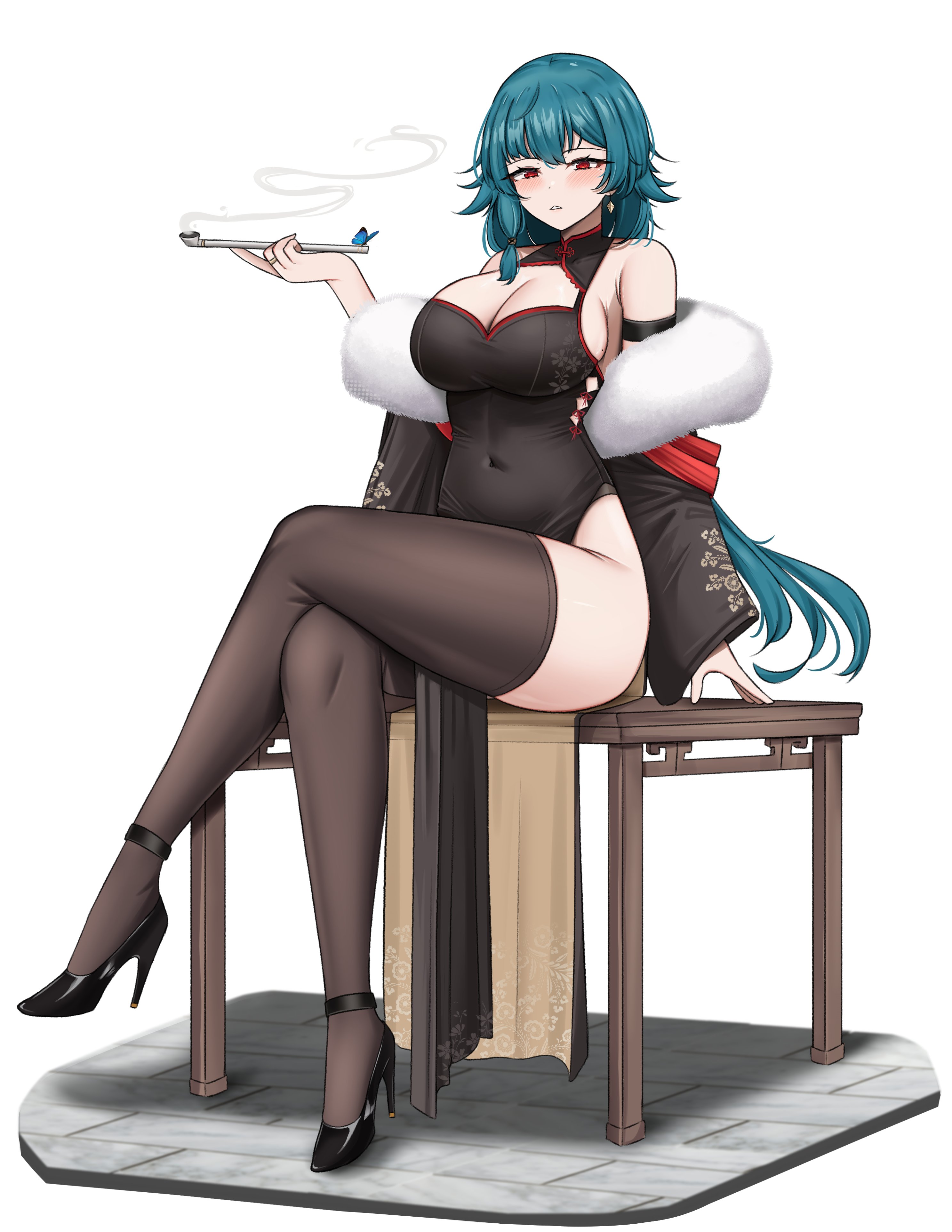 yukaraishin, absurdres, character request, commentary, copyright request, highres, 1girl, armpit crease, black dress, black shoes, black thighhighs, blue hair, blush, breasts, china dress, chinese clothes, cleavage, cleavage cutout, clothing cutout, covered navel, crossed legs, detached sleeves, dress, full body, fur (clothing), high heels, holding, holding smoking pipe, large breasts, legs, long hair, long sleeves, looking at viewer, mole, mole under eye, parted bangs, parted lips, red eyes, shoes, simple background, sitting, smoking pipe, solo, table, thighhighs, white background