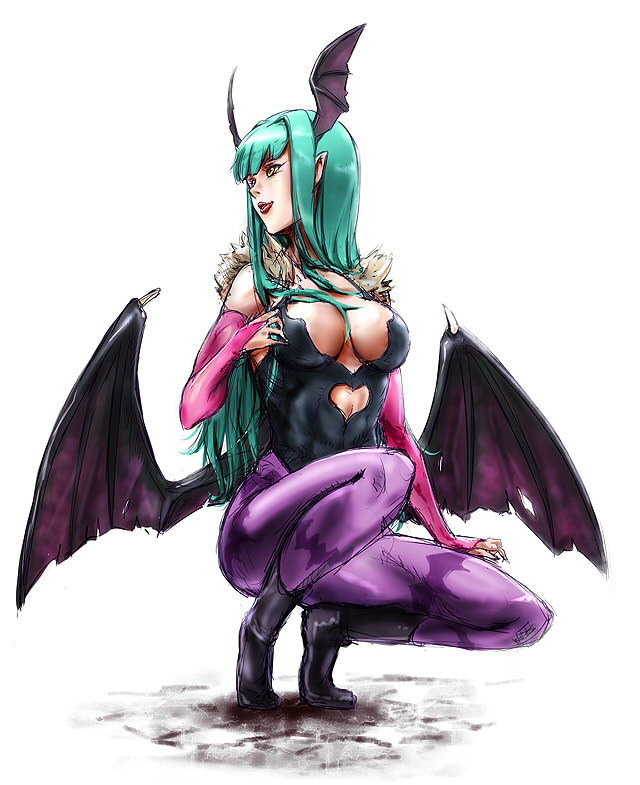 ringorou, morrigan aensland, capcom, darkstalkers, 1girl, animal print, bat print, black boots, blunt bangs, boots, demon girl, female focus, hair intakes, head wings, pantyhose, pointy ears, print pantyhose, purple pantyhose, simple background, solo, squatting, white background, wings