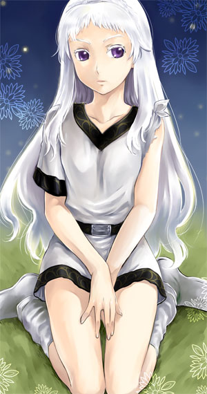rakuto mangan, linda (guin saga), rinda farseer, guin saga, 00s, 1girl, belt, female focus, purple eyes, seiza, shoes, sitting, solo, white hair, white shoes