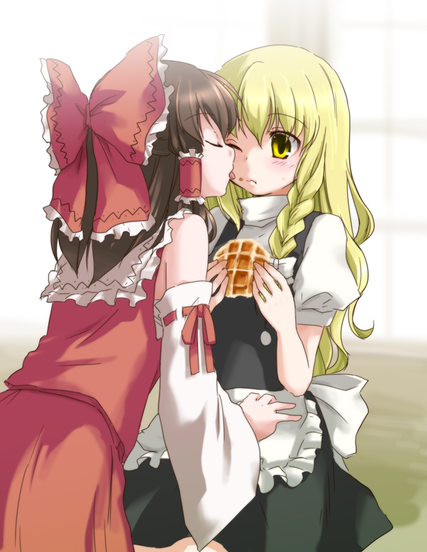 mizuki riko, hakurei reimu, kirisame marisa, touhou, bad id, bad pixiv id, 2girls, blonde hair, bow, brown hair, closed eyes, detached sleeves, female focus, food, food on face, hair bow, licking, long hair, multiple girls, one eye closed, short hair, waffle, wink, yellow eyes, yuri