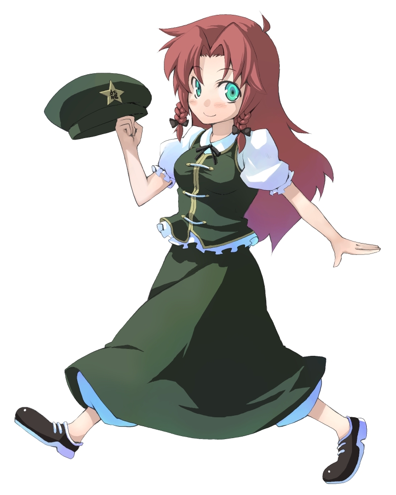 morino hon, hong meiling, embodiment of scarlet devil, touhou, 1girl, blush, braid, female focus, green eyes, hat, long hair, no socks, red hair, ribbon, smile, solo, twin braids