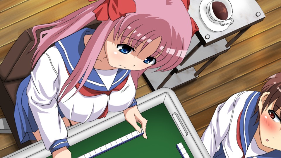sanshita, haramura nodoka, miyanaga saki, saki (manga), 2girls, blue eyes, blush, board game, bow, breasts, brown hair, hair bow, large breasts, long hair, mahjong, multiple girls, parody, pink hair, ribbon, school uniform, short hair, skirt, staring, twintails