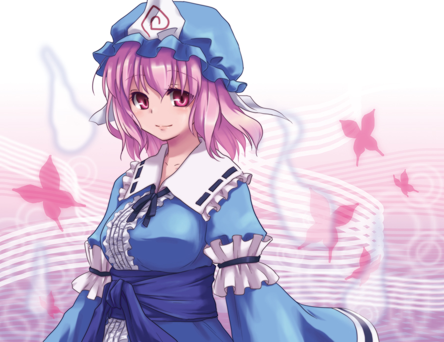 mizuki riko, saigyouji yuyuko, touhou, bad id, bad pixiv id, 1girl, breasts, bug, butterfly, dress, female focus, ghost, gradient background, hat, insect, pink eyes, pink hair, short hair, solo, white background