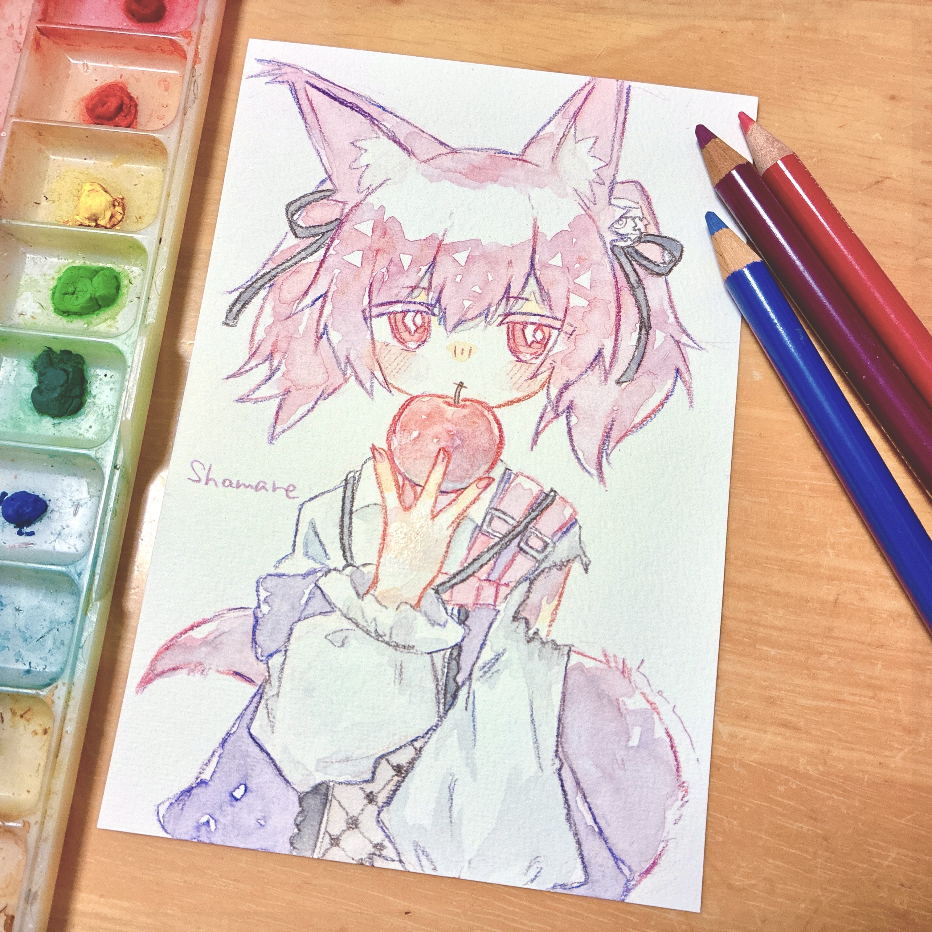 haru (aona1122), shamare (arknights), arknights, absurdres, commentary, highres, traditional media, 1girl, animal ear fluff, animal ears, apple, art tools in frame, character name, food, fox ears, fox girl, fox tail, fruit, holding, holding food, long sleeves, pink hair, purple eyes, purple hair, solo, tail, twintails