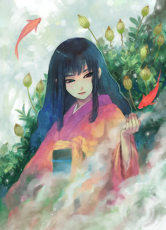 irie io, original, 1girl, black hair, female focus, fish, hime cut, japanese clothes, kimono, long hair, multicolored eyes, plant, ripples, sitting, solo