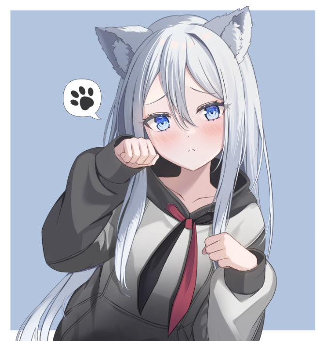 yoromimi yu, yoisaki kanade, project sekai, 1girl, animal ear fluff, animal ears, black neckerchief, blue background, blue eyes, blush, border, cat ears, cat girl, clenched hands, closed mouth, double-parted bangs, gradient hoodie, grey hoodie, hair between eyes, hands up, hood, hood down, hoodie, kemonomimi mode, leaning to the side, long hair, long sleeves, looking at viewer, multicolored neckerchief, neckerchief, paw pose, paw print, puffy long sleeves, puffy sleeves, raised inner eyebrows, red neckerchief, simple background, sleeve cuffs, solo, split mouth, spoken paw print, straight hair, two-tone neckerchief, upper body, very long hair, white border, white hair