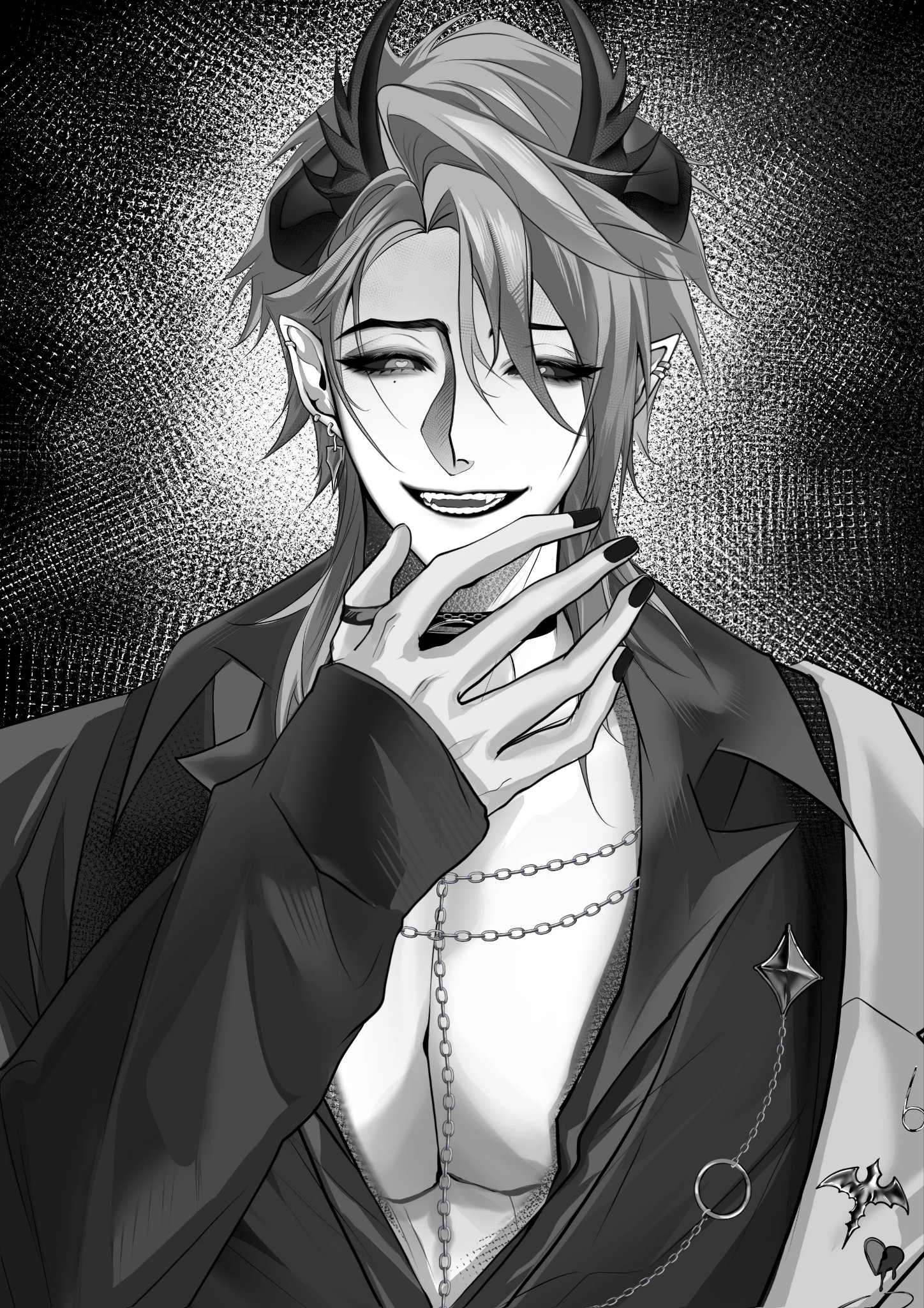 first stage production, highres, 1boy, azq0th, black eyes, black nails, demon boy, ear piercing, evil smile, greyscale, hand up, horns, long sleeves, monochrome, open clothes, piercing, pointy ears, smile, solo focus, zander netherbrand