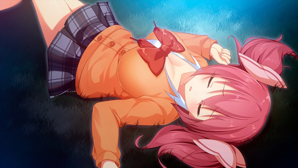 momochi myu, moe! ninja girls, game cg, official art, third-party source, 1girl, bow, bowtie, breasts, cleavage, closed eyes, huge breasts, long sleeves, lying, miniskirt, on back, on grass, open mouth, outdoors, pink hair, plaid clothes, plaid skirt, pleated skirt, red bow, red bowtie, school uniform, short twintails, skirt, sleeping, sleeves past wrists, solo, twintails