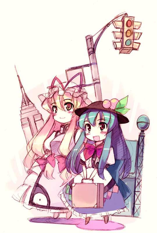 seo tatsuya, hinanawi tenshi, yakumo yukari, touhou, 2girls, chibi, female focus, hat, multiple girls, outdoors, plant, traffic light