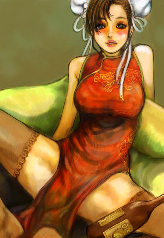 kazaana, chun-li, capcom, street fighter, 1girl, blush, bottle, breasts, brown hair, bun cover, china dress, chinese clothes, double bun, dress, drunk, female focus, hair bun, large breasts, lips, pelvic curtain, solo, spread legs, thighhighs