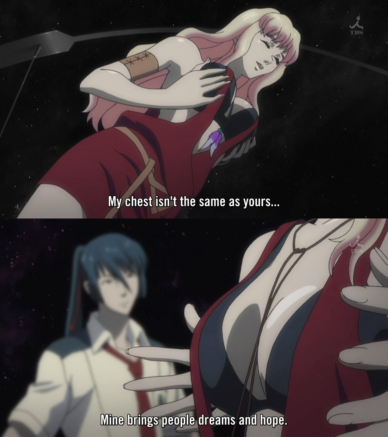 saotome alto, sheryl nome, macross, macross frontier, screencap, highres, 00s, 1boy, 1girl, bare shoulders, breasts, cleavage, closed eyes, pink hair, school uniform, subtitled, truth