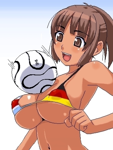 watarabe keiichi, sakino asuka, 2006 fifa world cup, kimi kiss, world cup, lowres, 1girl, armpits, ball, bikini, bikini top only, breasts, brown eyes, brown hair, dark-skinned female, dark skin, female focus, germany, happy, large breasts, micro bikini, navel, nipples, oekaki, open mouth, short hair, soccer, soccer ball, solo, swimsuit, tan, teamgeist, teeth, underboob