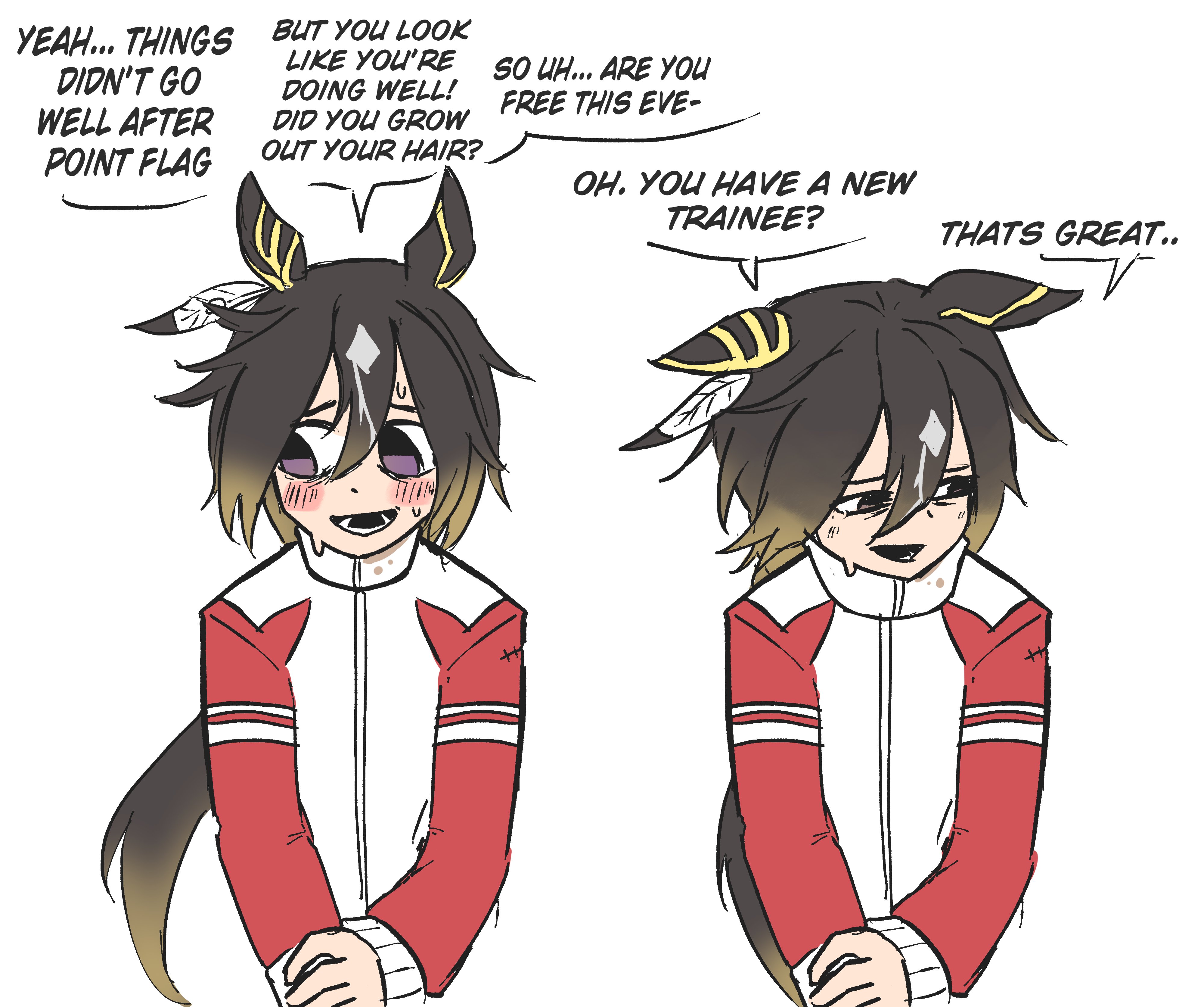 starlinkman, stay gold (umamusume), umamusume, absurdres, highres, 1girl, animal ears, black hair, blush, brown hair, ear covers, english text, hair between eyes, horse ears, horse girl, jacket, long hair, long sleeves, multicolored hair, open mouth, ponytail, purple eyes, red jacket, red track suit, simple background, speech bubble, streaked hair, sweat, teeth, tracen training uniform, track jacket, track suit, upper body, white background, white hair