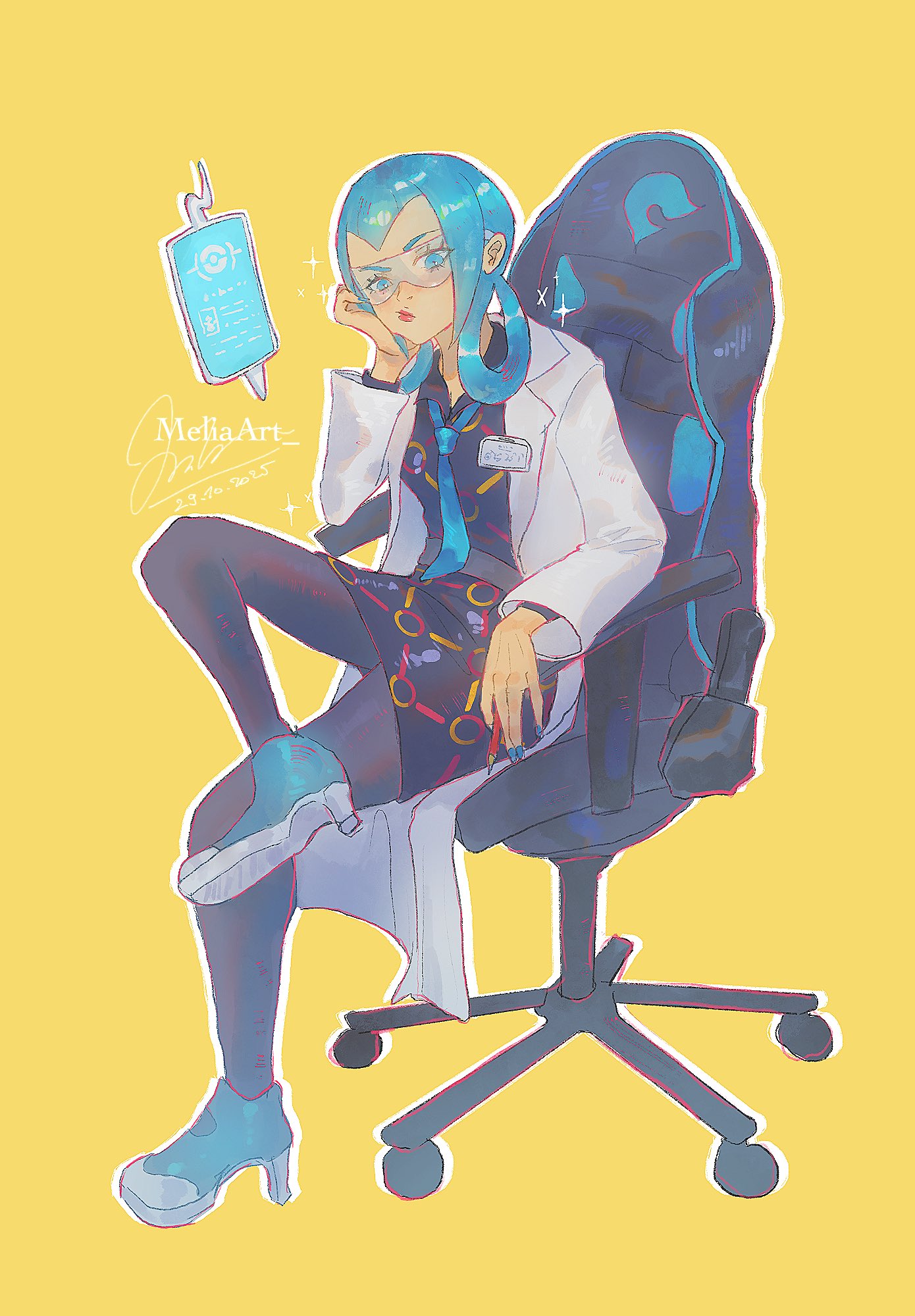 melia art, mable (pokemon), rotom, rotom phone, nintendo, pokemon, pokemon legends: z-a, highres, 1girl, black dress, blue-tinted eyewear, blue eyes, blue hair, blue nails, blue necktie, breasts, chair, closed mouth, coat, crossed legs, dress, gaming chair, gen 4 pokemon, glasses, hair rings, head rest, high heels, holding, holding pencil, lab coat, lipstick, long hair, long sleeves, makeup, necktie, on chair, open clothes, open coat, pantyhose, pencil, red lips, safety glasses, simple background, sitting, swivel chair, tablet pc, tinted eyewear, white coat, yellow background