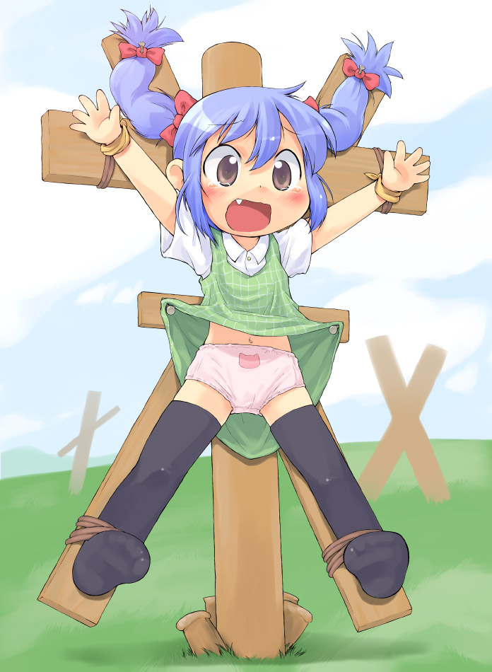 sakurabe notos, bad id, bad pixiv id, copyright request, 1girl, animal print, arms up, assisted exposure, bdsm, black thighhighs, blue hair, blush, bondage, bound, brown eyes, cat panties, cat print, cat print panties, clothes lift, cloud, cross, crucifixion, day, fang, feet, female focus, hair ribbon, horizon, loli, looking at viewer, navel, no shoes, open mouth, panties, pantyshot, pink panties, print panties, purple hair, ribbon, short twintails, skirt, skirt lift, sky, socks, solo, spread eagle position, spread legs, tears, thighhighs, twintails, underwear, upskirt, x-cross (bdsm), x frame