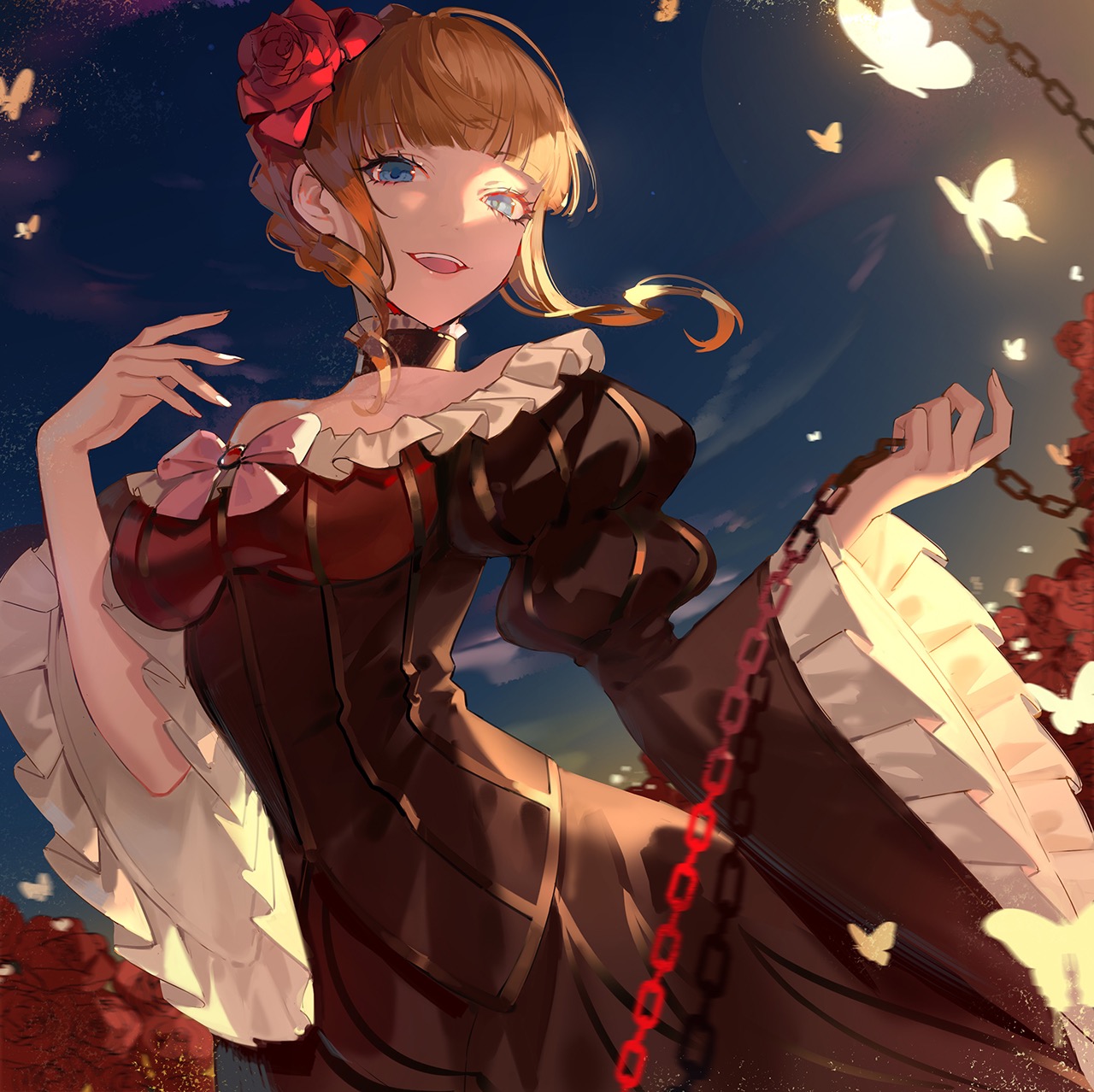zhanzhan lan, beatrice (umineko), umineko no naku koro ni, highres, 1girl, black choker, blonde hair, blunt bangs, braid, breasts, bug, butterfly, chain, choker, crown braid, dress, floating hair, floral background, flower, frilled choker, frilled sleeves, frills, gold trim, hair flower, hair ornament, holding, holding chain, holding leash, insect, leash, light particles, looking at viewer, medium breasts, night, night sky, pov, puffy sleeves, red flower, red rose, rose, rose background, sidelocks, sky, smile, solo, striped clothes, striped dress, three-quarter sleeves, upper body, vertical-striped clothes, vertical-striped dress, viewer on leash, wide sleeves, yellow butterfly