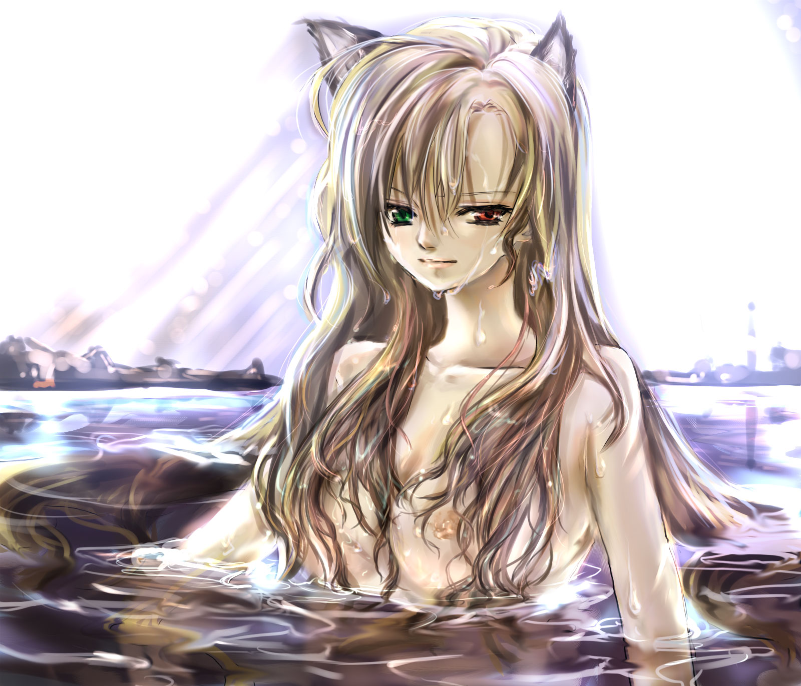 ego6, vivio, lyrical nanoha, mahou shoujo lyrical nanoha, mahou shoujo lyrical nanoha strikers, highres, 00s, aged up, animal ears, blonde hair, breasts, heterochromia, long hair, nude, solo, water, wet