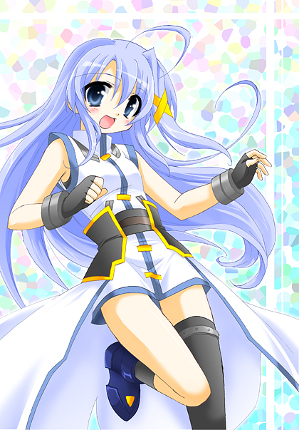 minazoi kuina, reinforce zwei, lyrical nanoha, mahou shoujo lyrical nanoha, mahou shoujo lyrical nanoha strikers, 00s, 1girl, ahoge, asymmetrical clothes, asymmetrical legwear, blue eyes, blue hair, blush, female focus, fingerless gloves, gloves, hair ornament, long hair, magical girl, matching hair/eyes, single thighhigh, solo, thighhighs, uneven legwear, waist cape, x hair ornament