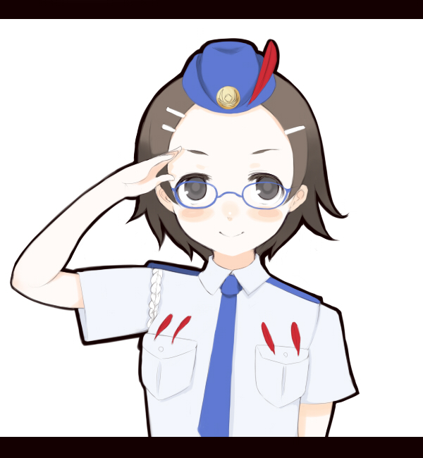 maggey byrde, ace attorney, capcom, phoenix wright: ace attorney – justice for all, artist request, black eyes, black hair, blush, brown hair, glasses, hair ornament, hairclip, hat, necktie, pale skin, police, police uniform, policewoman, salute, short hair, smile, solo
