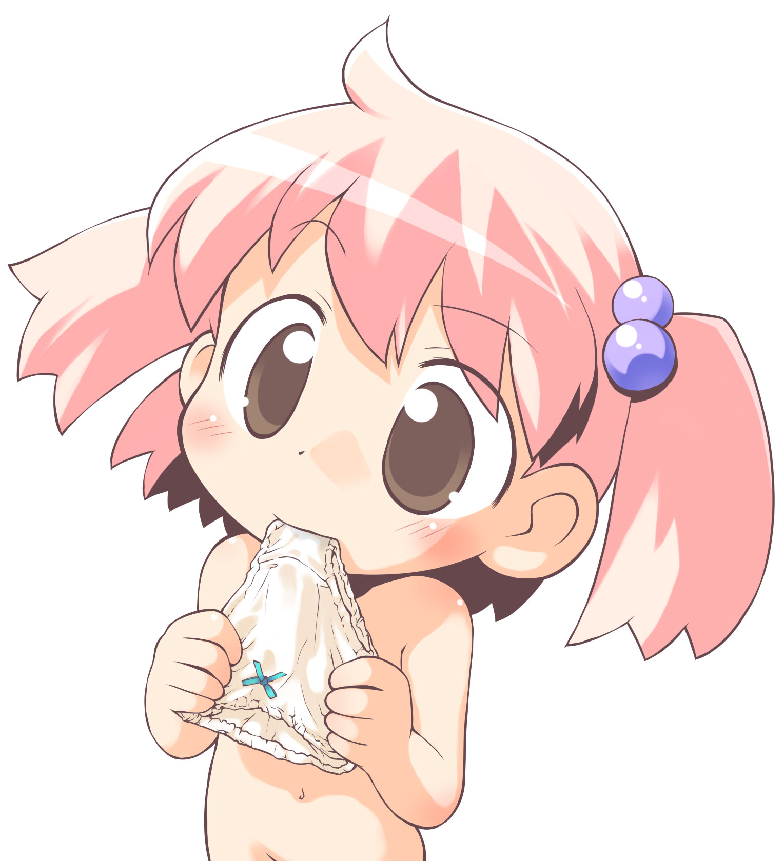 sakurabe notos, pepiko, highres, blush, hair bobbles, hair ornament, loli, mouth hold, nude, panties, panties in mouth, pink hair, solo, twintails, underwear