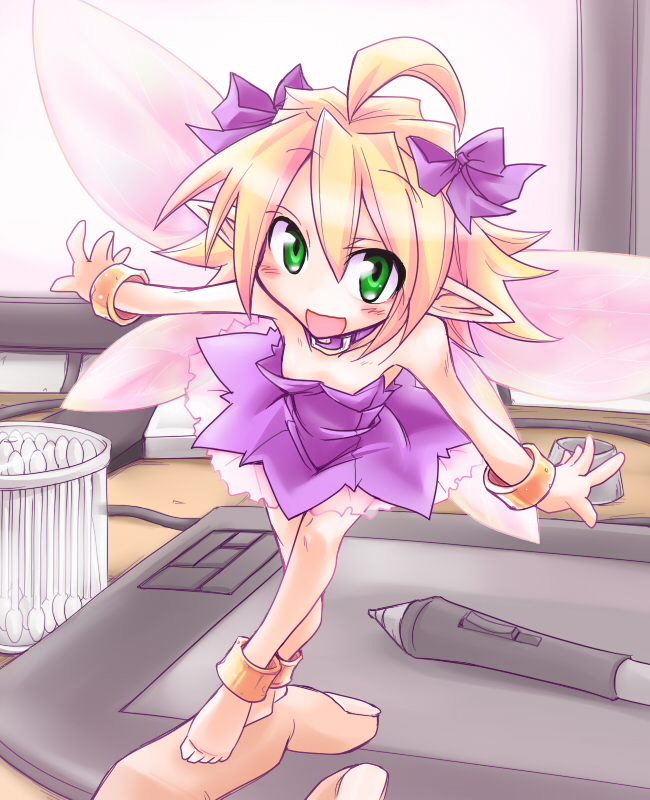 kobayashi tetsuya, wacom, 1girl, ahoge, anklet, barefoot, blonde hair, bracelet, collar, computer, cotton swab, drawing tablet, fairy, female focus, flat chest, green eyes, hair ribbon, jewelry, mini person, minigirl, open mouth, pointy ears, ribbon, smile, solo, wings