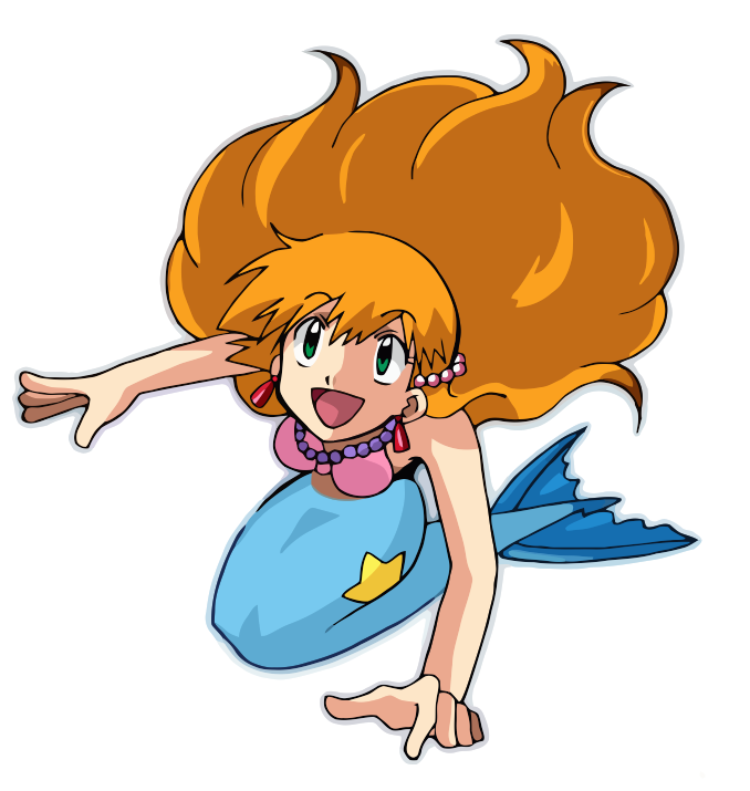 mermaid misty (pokemon), misty (pokemon), nintendo, pokemon, pokemon (anime), 1girl, :d, alternate costume, alternate hairstyle, bikini, earrings, female focus, floating hair, from above, green eyes, gym leader, hair ornament, jewelry, long hair, looking up, mermaid, monster girl, necklace, open mouth, orange hair, simple background, smile, solo, star (symbol), swimsuit, white background