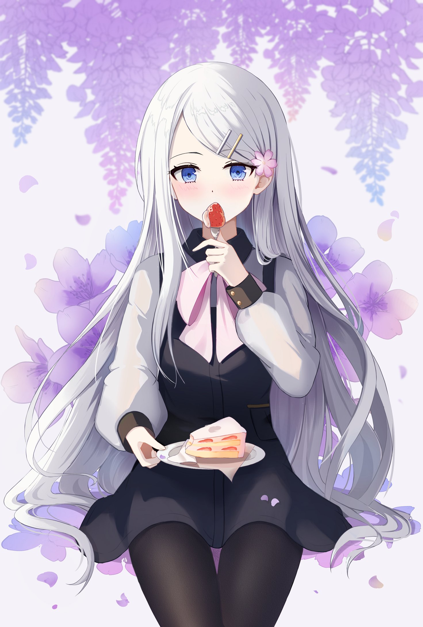 yoromimi yu, yoisaki kanade, kowareta sekai to utaenai miku, project sekai, commentary request, highres, 1girl, birthday, black dress, black pantyhose, blue eyes, blush, bow, bowtie, cake, cake slice, covered mouth, cowboy shot, dress, eating, expressionless, floral background, flower, food, food bite, forehead, fork, fruit, hair behind ear, hair flower, hair ornament, hairclip, hand up, holding, holding fork, holding plate, invisible chair, lavender (flower), long hair, long sidelocks, long sleeves, looking at viewer, official alternate costume, official alternate hairstyle, pantyhose, parallel hairclips, parted bangs, petals, pinafore dress, pink bow, pink bowtie, pink flower, pink shirt, plate, puffy long sleeves, puffy sleeves, purple flower, purple petals, shirt, short dress, side part, sidelocks, single sidelock, sitting, sleeve cuffs, sleeveless, sleeveless dress, solo, straight-on, strawberry, strawberry shortcake, thigh gap, very long hair, white background, white hair