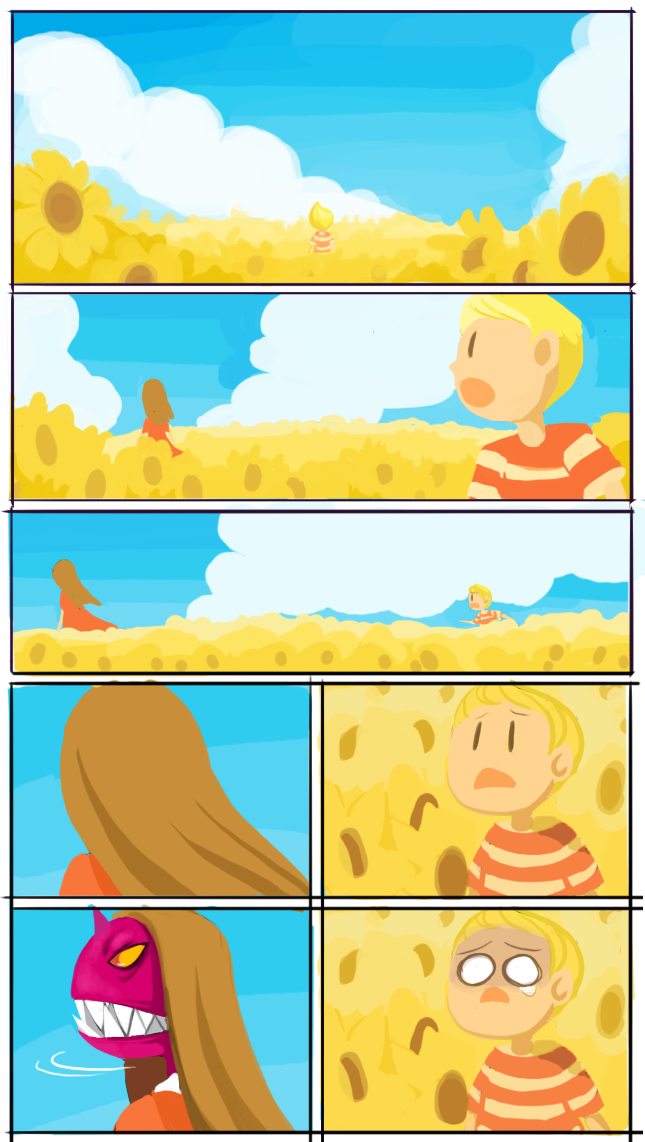 peachifruit, hinawa, ultimate chimera, mother (series), mother 3, lucas, blonde hair, comic, d:, flower, open mouth, silent comic, sunflower