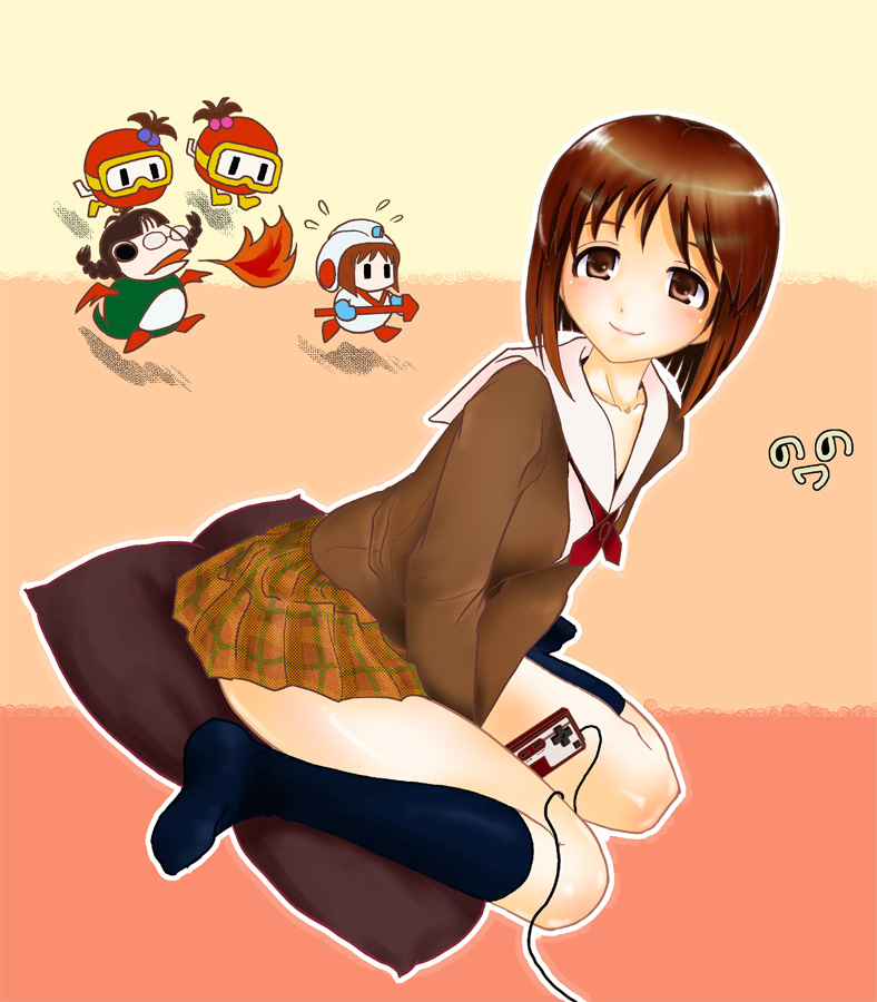 kabaya kousuke, akizuki ritsuko, frygar, futami ami, futami mami, hagiwara yukiho, nonowa, pooka (dig dug), dig dug, dig dug (game), idolmaster, idolmaster (classic), namco, 00s, 5girls, blazer, brown eyes, brown hair, cardigan, dutch angle, famicom, flying sweatdrops, fusion, game console, glasses, head tilt, helmet, jacket, multiple girls, pillow, plaid clothes, plaid skirt, playing games, school uniform, short hair, siblings, sisters, skirt, smile, twins, video game