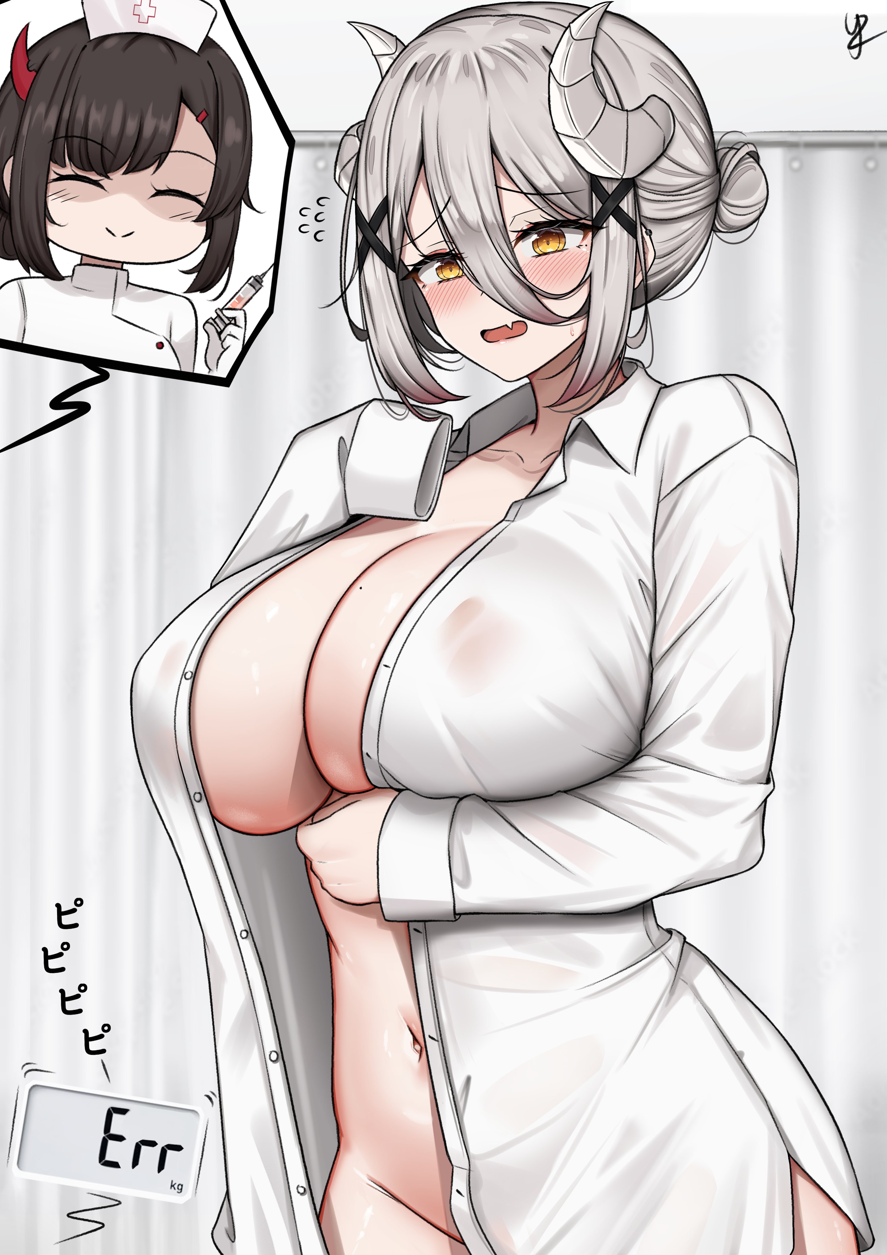 yukaraishin, yuka (yukaraishin), original, absurdres, commentary, english commentary, highres, 2girls, black hair, blush, breasts, closed eyes, collared shirt, cowboy shot, curled horns, double-parted bangs, double bun, dress shirt, fang, grey hair, hair between eyes, hair bun, hair ornament, hat, holding, holding syringe, horns, huge breasts, long hair between eyes, long sleeves, looking at viewer, mole, mole on breast, multiple girls, naked shirt, navel, nurse, nurse cap, open clothes, open mouth, open shirt, raised inner eyebrows, shirt, short hair, skin fang, sleeves past fingers, sleeves past wrists, smile, solo focus, syringe, weight, white horns, white shirt, x hair ornament, yellow eyes