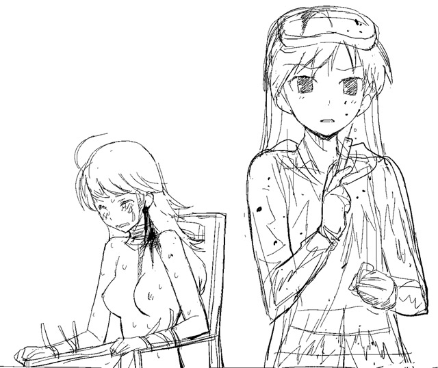 a1 (initial-g), hoshii miki, kisaragi chihaya, idolmaster, idolmaster (classic), 00s, ahoge, blood, greyscale, monochrome, needle, sketch, syringe, topless female