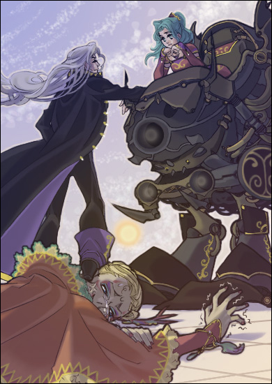 cefca palazzo, setzer gabbiani, tina branford, final fantasy, final fantasy vi, 1990s (style), 2boys, cape, clown, coat, failure, green hair, magitek armor, male focus, mecha, multiple boys, ponytail, retro artstyle, robot, smile, tears, white hair