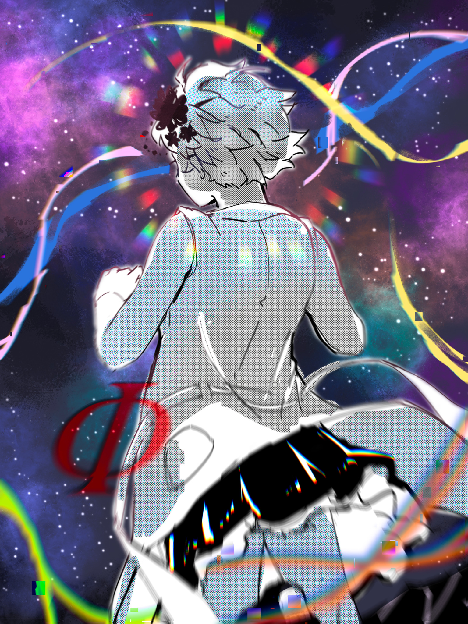 dixoterin, phi (kyokugen dasshutsu), kyokugen dasshutsu, kyokugen dasshutsu adv: zennin shibou desu, commentary, english commentary, highres, 1girl, chromatic aberration, flower, from behind, hair flower, hair ornament, short hair, skirt, solo, space, star (sky), very short hair