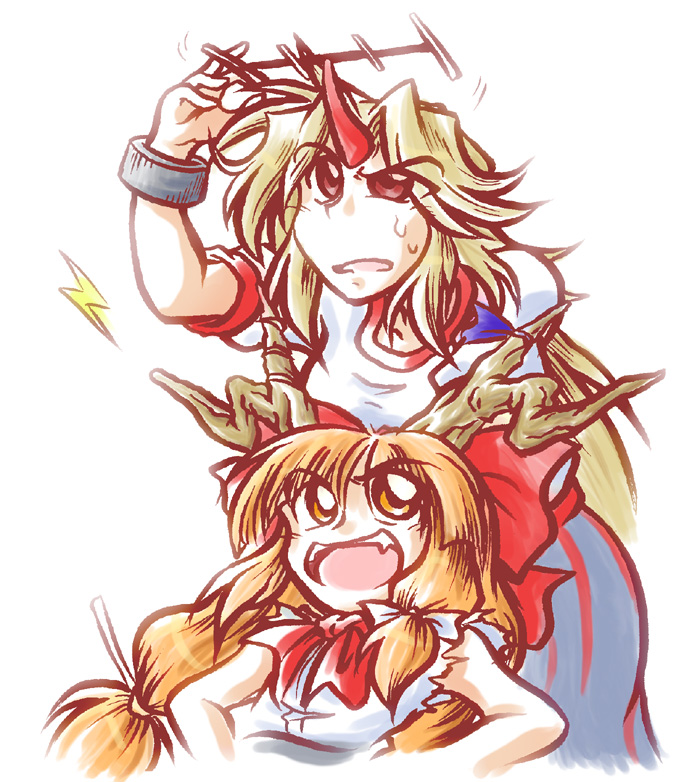 yokoura masato, hoshiguma yuugi, ibuki suika, touhou, 2girls, antennae, blonde hair, female focus, horns, long hair, multiple girls, red eyes, single horn