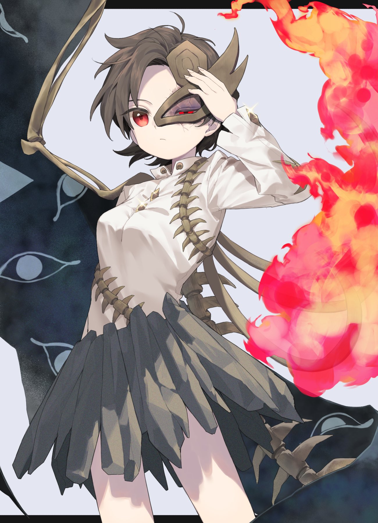 keiki8296, iwanaga ariya, touhou, commentary request, highres, 1girl, asymmetrical wings, black wings, bone, breasts, brown hair, burn scar, buttons, cowboy shot, diamond button, eyes on wings, fire, grey background, grey skirt, half-closed eye, half mask, hand on own head, hand up, letterboxed, long sleeves, mandarin collar, mask, medium breasts, red eyes, scar, scar on face, serious, shirt, short hair, simple background, skeletal wings, skirt, solo, white shirt, wings