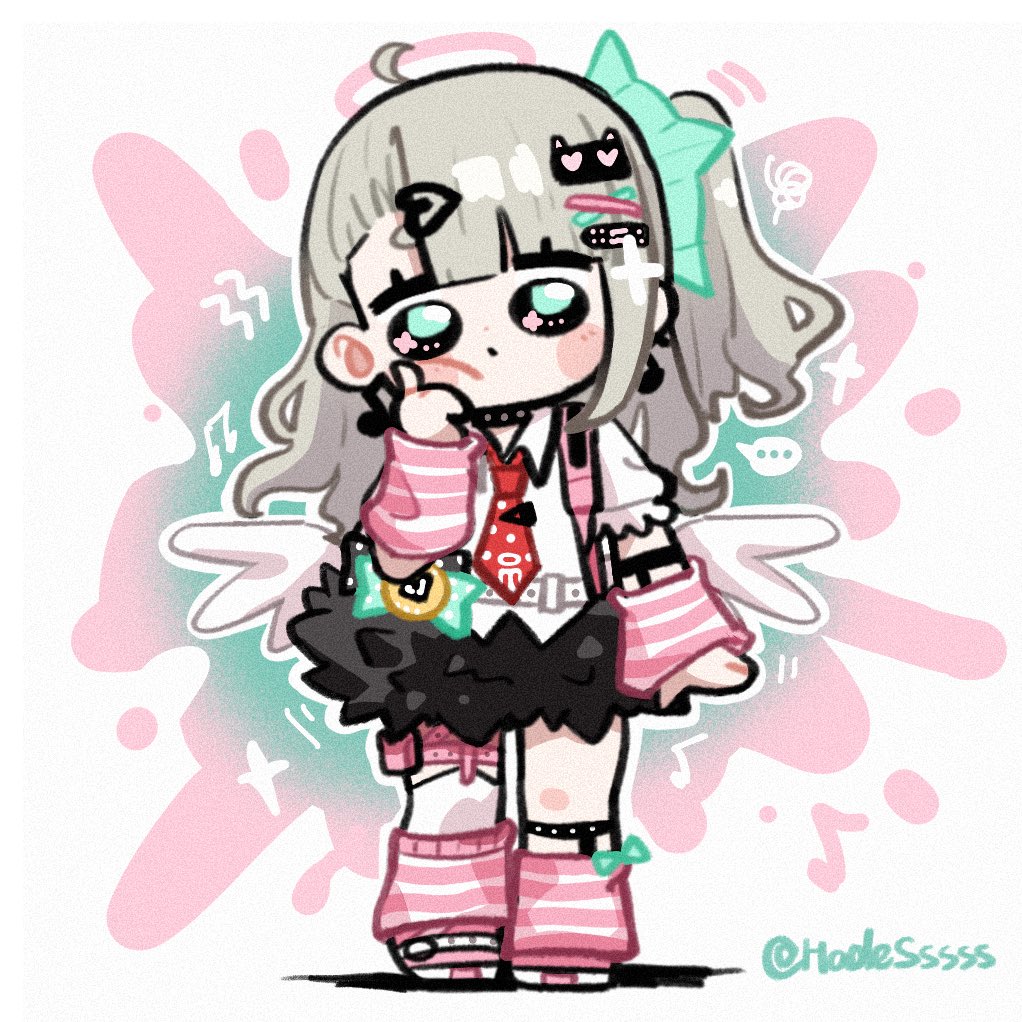 chinatsu remiel, zenless zone zero, commentary request, …, 1girl, alternate hair color, autis tic, bandaid, bandaid hair ornament, black sclera, black skirt, blush, bow, bright pupils, chibi, chibi only, colored sclera, earrings, flower in eye, full body, fur-trimmed skirt, fur trim, green bow, green eyes, grey hair, hair ornament, halo, hand on own cheek, hand on own face, head tilt, jewelry, leg warmers, long hair, motion lines, multiple hair clips, multiple thigh straps, musical note, musical note earrings, necktie, open mouth, pink arm warmers, pink bag, pink halo, pink leg warmers, polka dot necktie, print necktie, red necktie, ring hair ornament, shirt, skirt, solo, speech bubble, splatter background, squiggle, striped arm warmers, striped leg warmers, symbol in eye, tamagotchi (virtual pet), thick eyebrows, twitter username, virtual pet (toy), white background, white pupils, white shirt, white wings, winged bag, wings