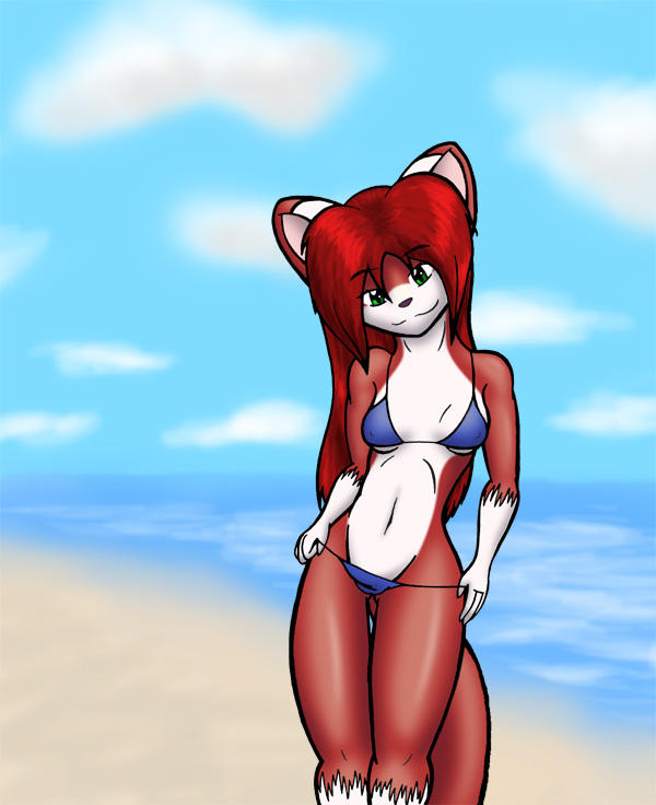 beach, bikini, furry, green eyes, red hair, smile, swimsuit