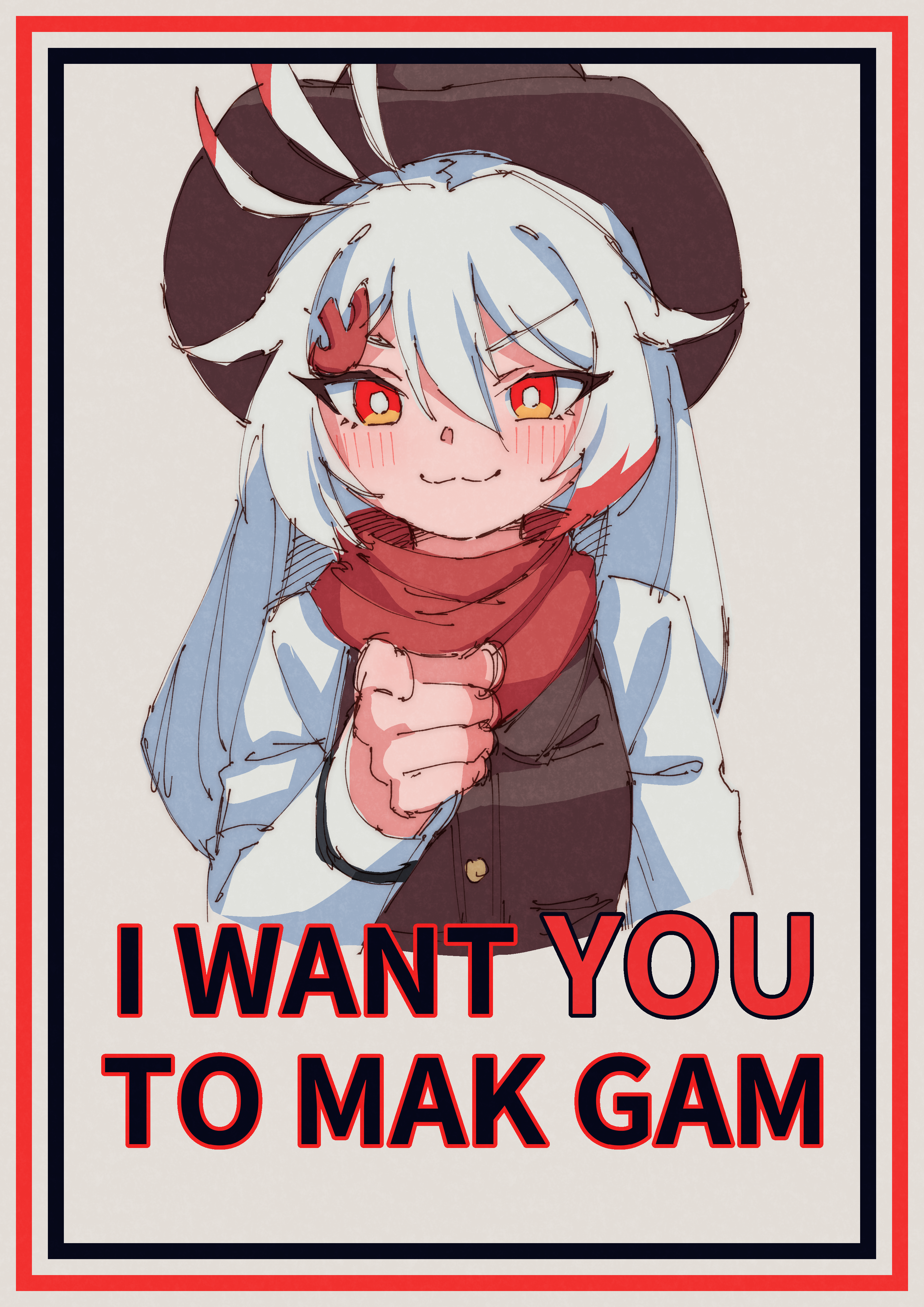 rune (dualhart), uncle sam, i want you, absurdres, highres, 1girl, :3, bandana, bandana around neck, blush, border, bright pupils, colored tips, cowboy hat, cowgirl (western), cropped torso, english text, grey background, hair between eyes, hat, inset border, layered clothes, long sleeves, looking at viewer, mascot, meme, multicolored hair, orange eyes, poster (medium), poster parody, propaganda, red bandana, red border, red hair, redot-chan, redot (game engine), shirt, sketch, solo, straight-on, v-shaped eyebrows, vest, white hair, white pupils, white shirt
