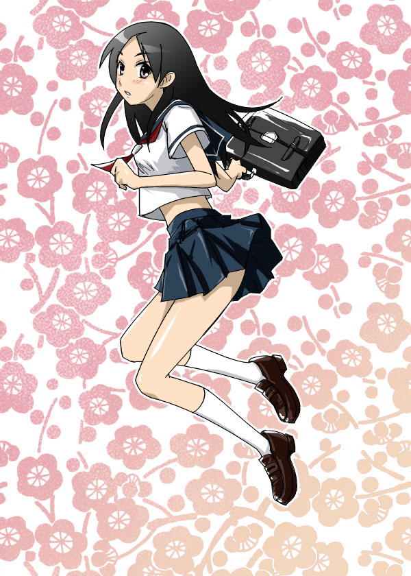 sakebuotoko, kitsu chiri, sayonara zetsubou sensei, bad id, bad pixiv id, 00s, bag, black hair, long hair, parted bangs, school uniform, serafuku, solo