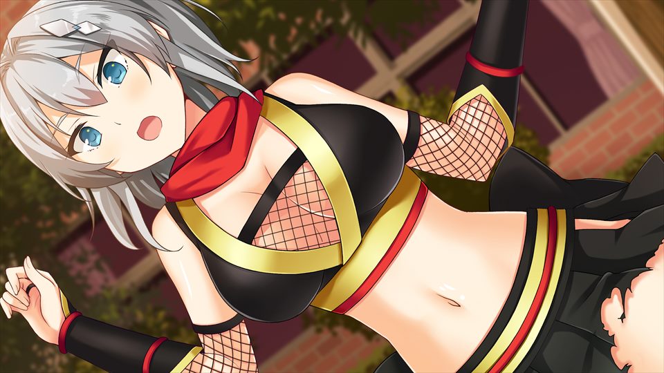 machiyuki ricka, moe! ninja girls, game cg, official art, third-party source, 1girl, bare shoulders, blue eyes, breasts, breasts apart, crop top, detached sleeves, dutch angle, fishnets, grey hair, hair between eyes, hair ornament, large breasts, midriff, navel, ninja, open mouth, red scarf, scarf, short hair, skirt, sleeveless, solo, stomach, torn clothes, torn skirt