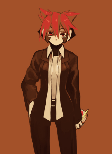 shigehiro (hiroi heya), atlas (mega man), capcom, mega man (series), mega man zx, mega man zx advent, 1girl, alternate costume, androgynous, breasts, brown hair, cleavage, colored bangs, contemporary, female focus, formal clothes, jacket, medium breasts, multicolored hair, open clothes, open shirt, red eyes, red hair, reverse trap, shirt, solo, suit