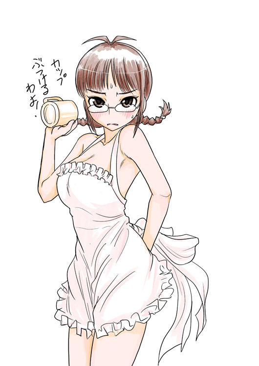 kabaya kousuke, akizuki ritsuko, idolmaster, idolmaster (classic), bad id, bad pixiv id, translated, 00s, 1girl, antenna hair, apron, blush, braid, breasts, brown eyes, brown hair, cup, embarrassed, female focus, glasses, mug, naked apron, short hair, simple background, solo, sweat, twin braids, white background