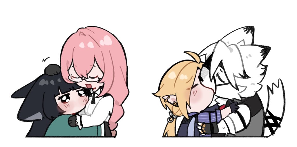 sashacall, hoshimi miyabi, hugo vlad, tsukishiro yanagi, von lycaon, zenless zone zero, 2boys, 2girls, animal ears, blonde hair, blunt bangs, blush, chibi, closed eyes, fox ears, fox girl, glasses, hair between eyes, hug, kiss, long hair, meme, multiple boys, multiple girls, open mouth, pink hair, sidelocks, simple background, white background, white hair, yaoi, yoshi and toad kissing (meme), yuri