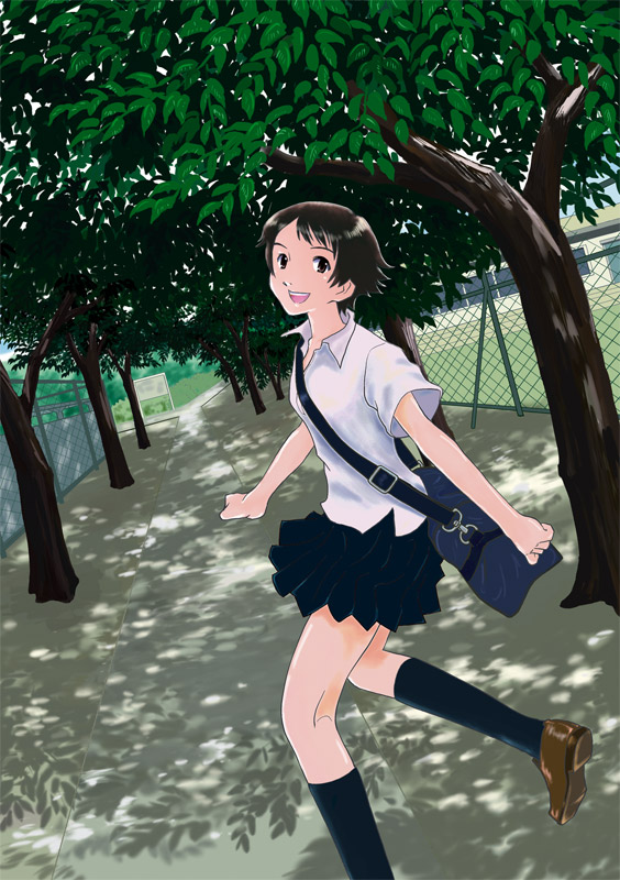 kabaya kousuke, konno makoto, toki wo kakeru shoujo, 00s, 1girl, bag, brown eyes, brown hair, chain-link fence, dutch angle, female focus, fence, looking back, school bag, school uniform, short hair, skirt, smile, solo, tree