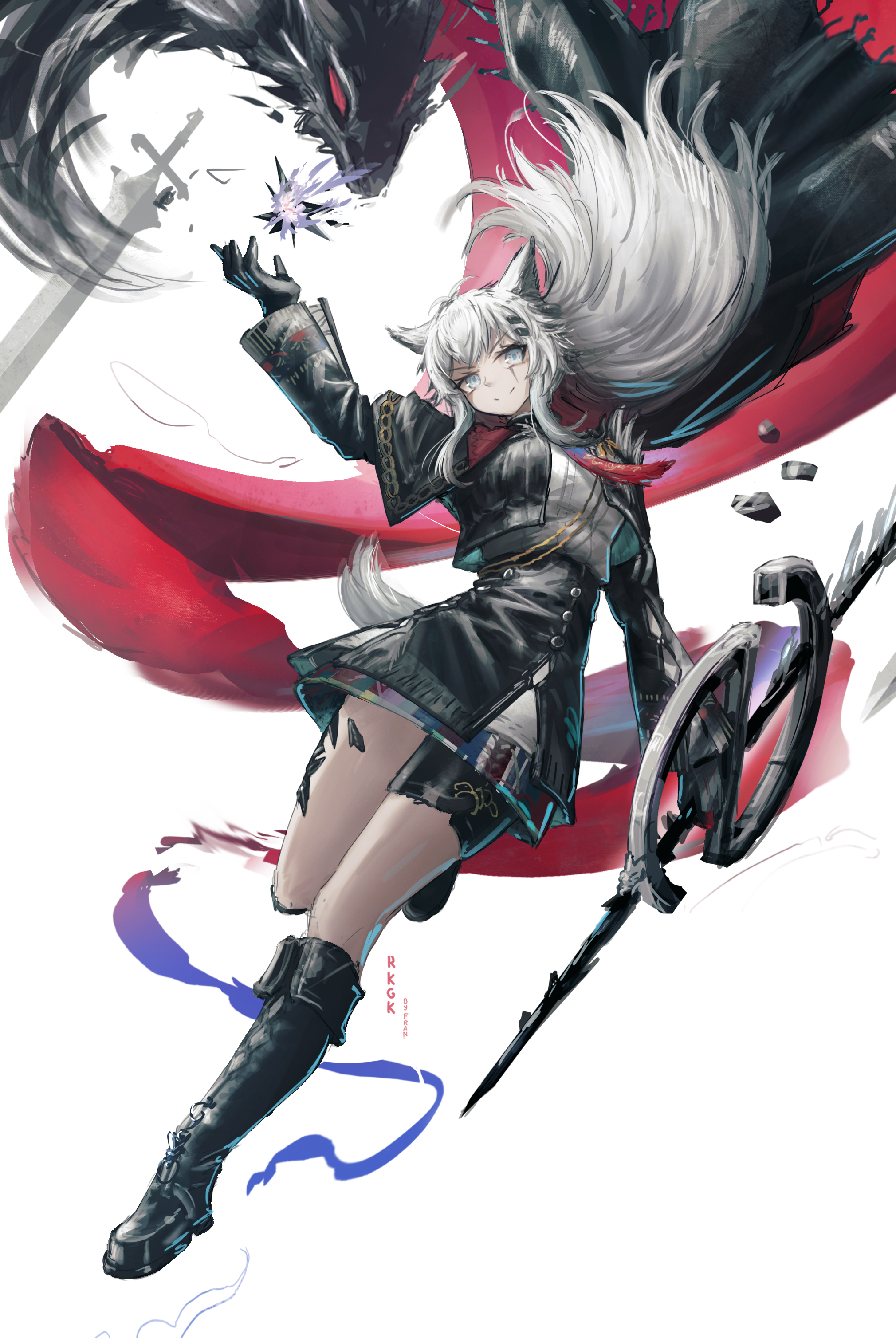 franlol, lappland (arknights), arknights, absurdres, highres, 1girl, animal ears, dragon, long hair, looking at viewer, scar, simple background, solo, sword, weapon, white background, wolf ears, wolf girl