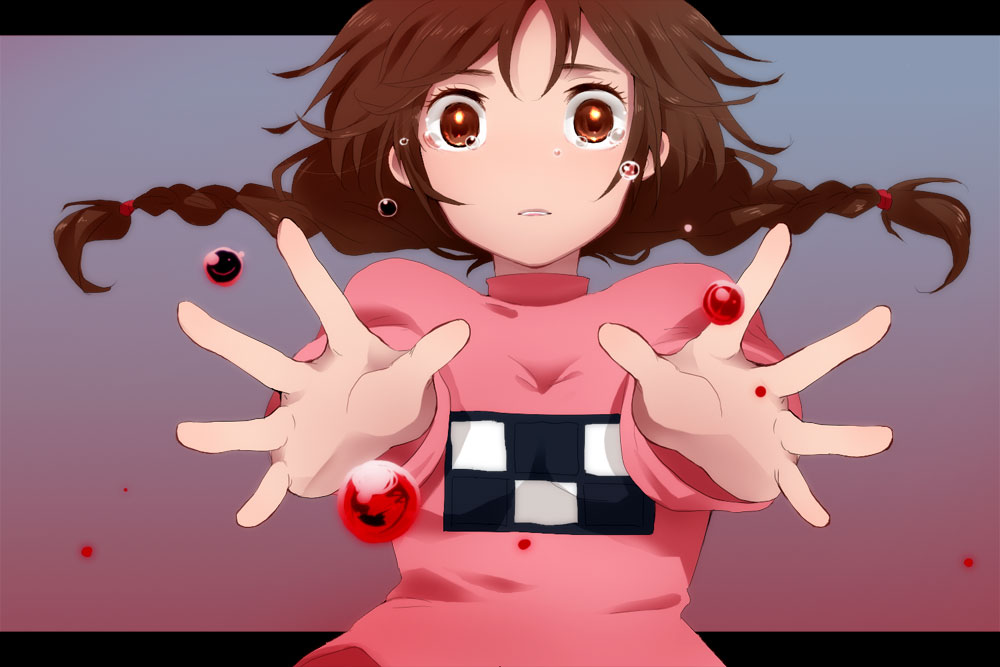 hattori masaki, madotsuki, yume nikki, spoilers, 1girl, bad end, blood, braid, brown eyes, brown hair, falling, female focus, letterboxed, no nose, outstretched arms, outstretched hand, pink shirt, reaching, shirt, sky, solo, tears, twin braids, twintails, when you see it, wide-eyed